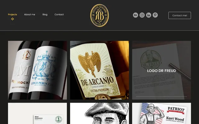 Página de inicio del portafolio de Brando Reverón con una galería de diseños de etiquetas y logotipos
