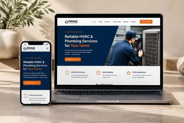 Concepto de sitio web de Prime HVAC & Plumbing en una laptop y un teléfono
