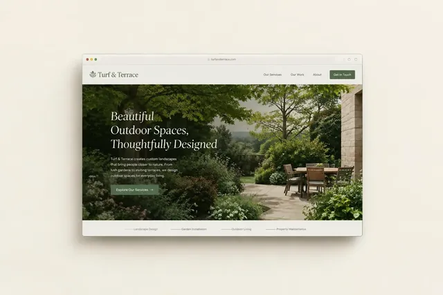 Concepto de sitio web de paisajismo Turf & Terrace con una foto de una terraza en un jardín